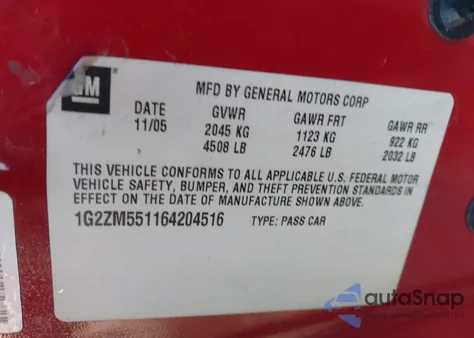 2006 Pontiac G6 Gtp z USA, uszkodzony, nr VIN 1G2ZM551164204516